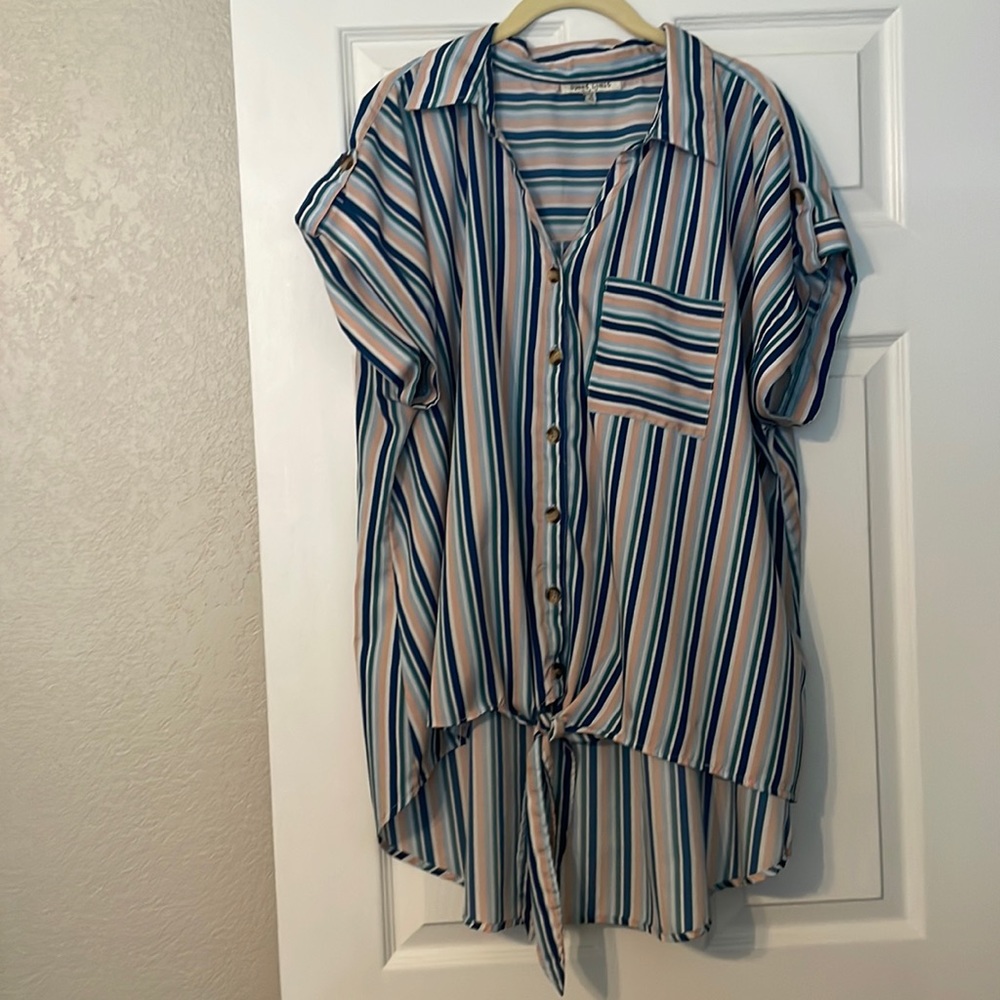 Blue and pink striped button-down top